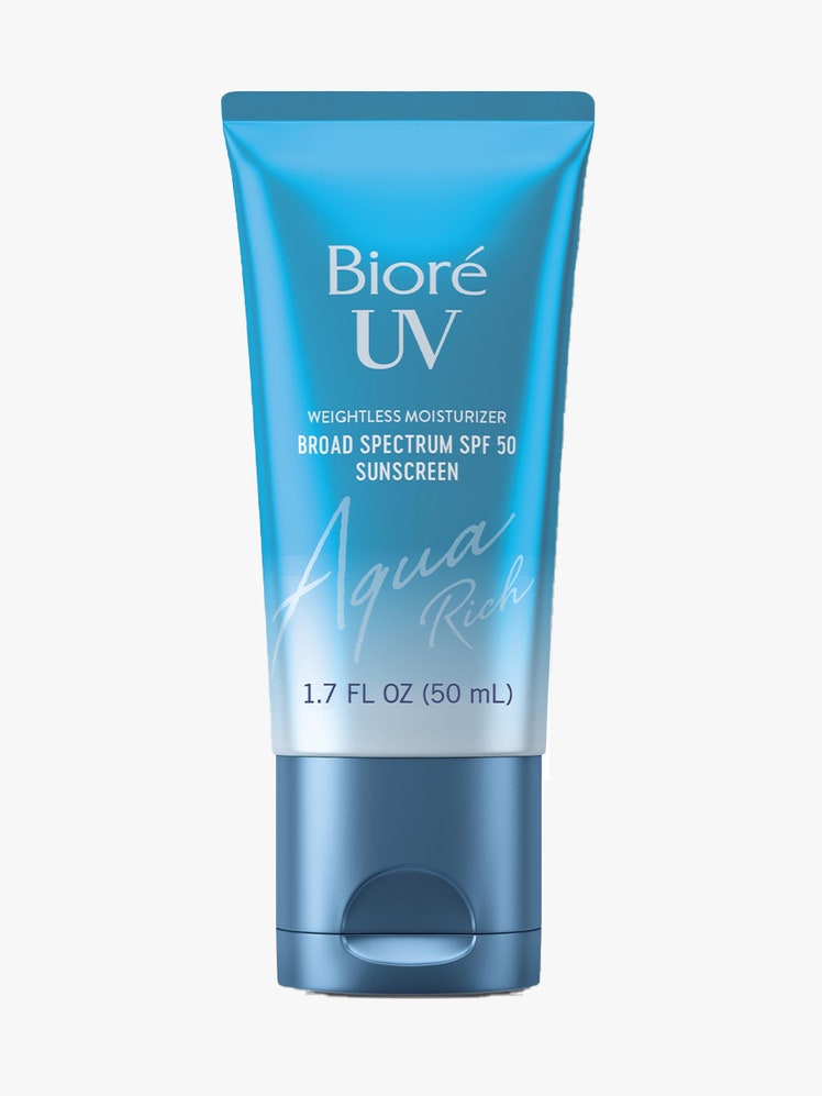 Bioré UV Aqua Rich SPF 50 PA++++ blue tube on light gray background