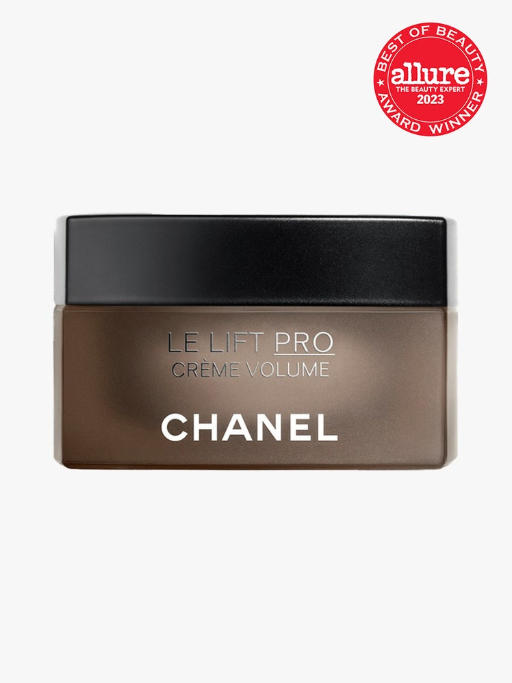 Chanel Le Lift Pro Crème Volume dark greige square jar with black lid on light gray background