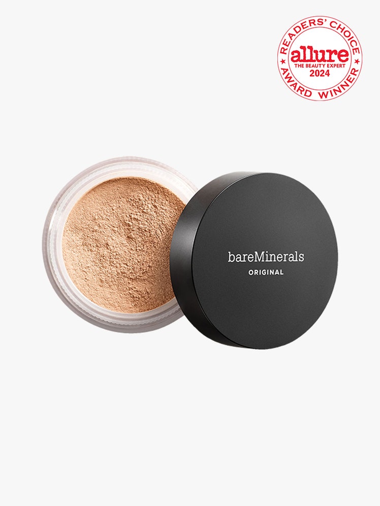 BareMinerals Original Loose Powder Foundation SPF 15 top view of a jar of loose powder foundation with black cap ajar on light gray background with white and red Allure Readers' Choice Award seal in the top right corner