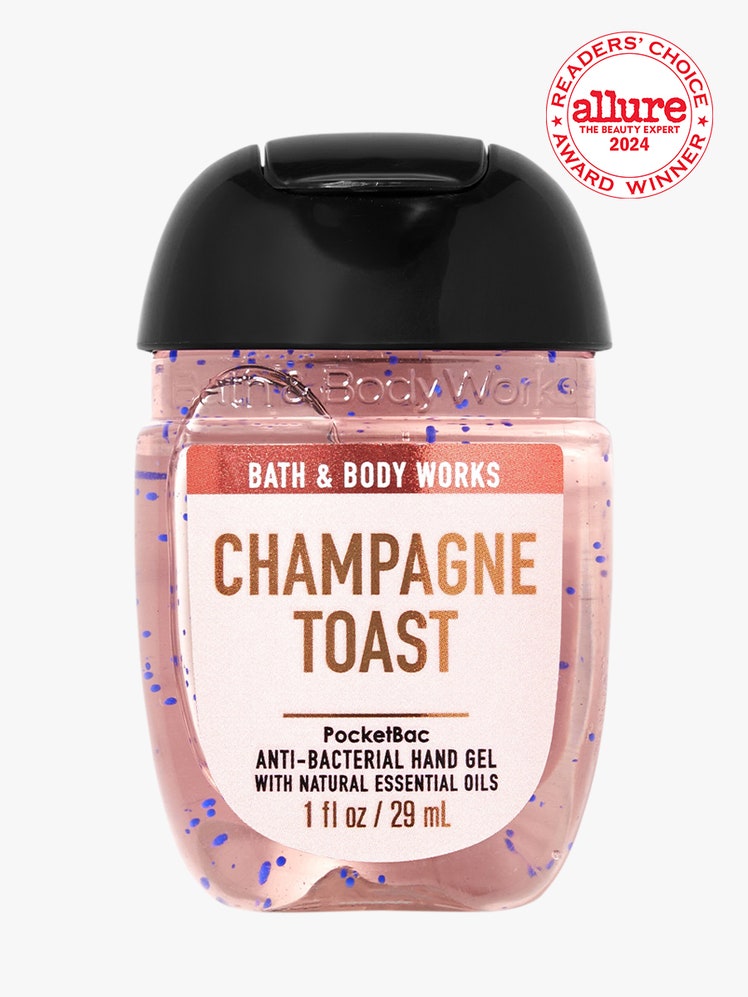 Bath  Body Works Champagne Toast Pocketbac Hand Sanitizer rounded rectangle container of pink hand sanitizer with blue...