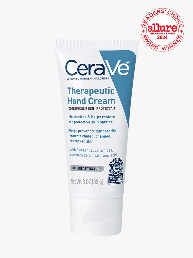 CeraVe Therapeutic Hand Cream white tube of hand cream with blue text on light gray background with white and red Allure Readers' Choice Award seal in the top right corner