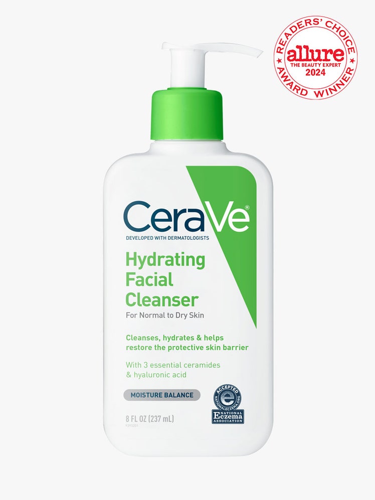 CeraVe Hydrating Facial Cleanser white and green pump bottle of cleanser on light gray background with white and red Allure Readers's Choice Award seal in the top right corner