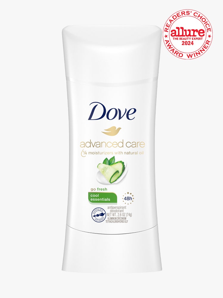 Dove Advanced Care Antiperspirant in Cool Essentials white antiperspirant stick on light gray background with white and red Allure Readers' Choice Award seal in the top right corner