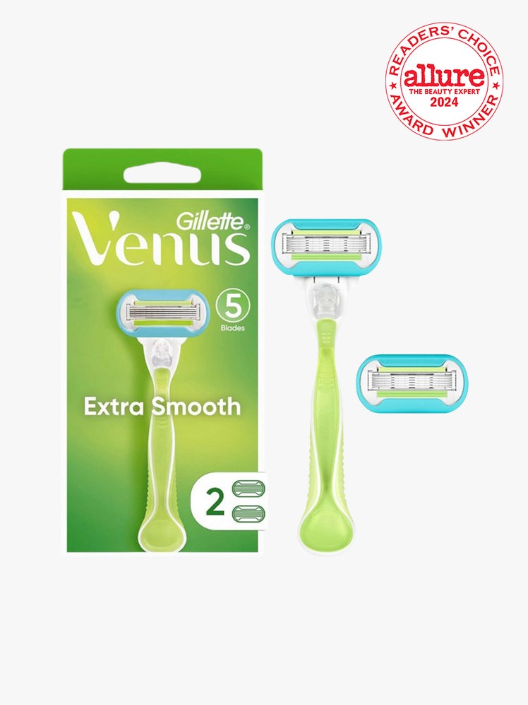 Gillette Venus Extra Smooth Razor green razor and box on light gray background with white and red Allure Readers' Choice Award seal in the top right corner