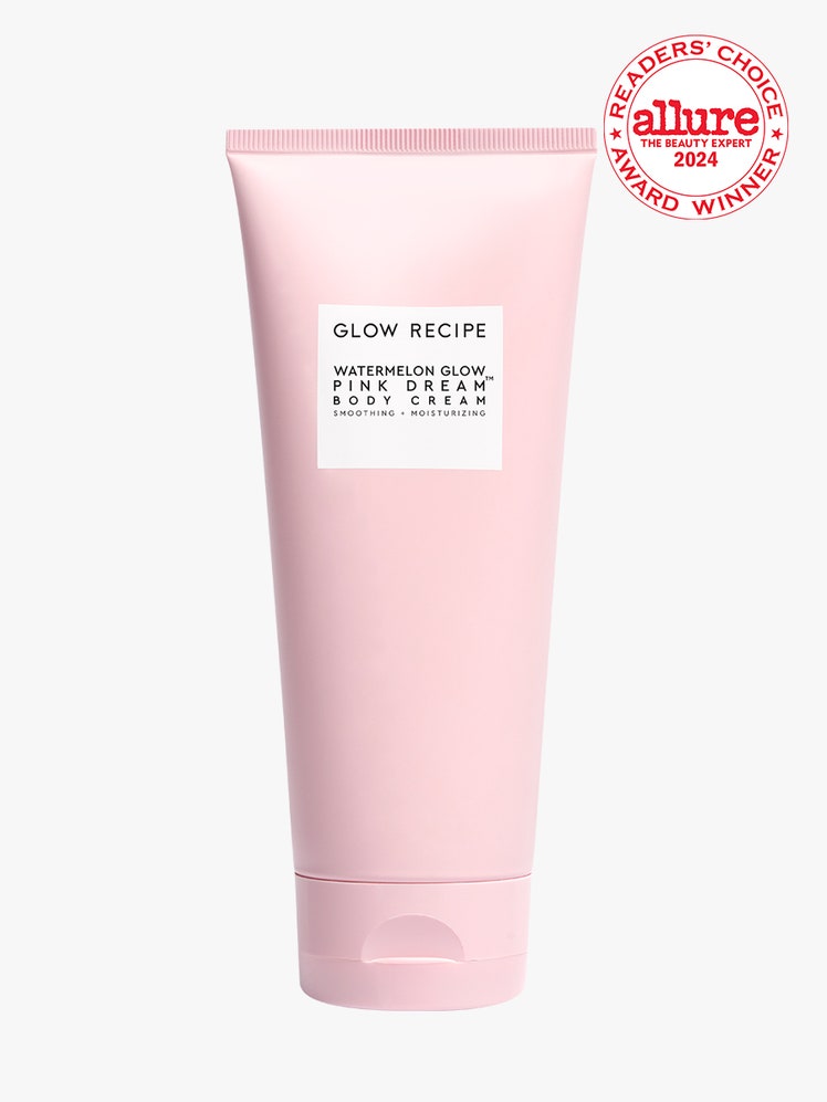 Glow Recipe Watermelon Glow Pink Dream Body Cream pink tube on light gray background with white and red Allure Readers' Choice Award seal in the top right corner