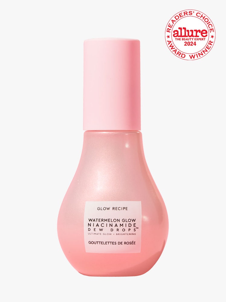 Glow Recipe Niacinamide Glow Drops pink teardrop shaped serum bottle on light gray background with white and red Allure Readers' Choice Award seal in the top right corner