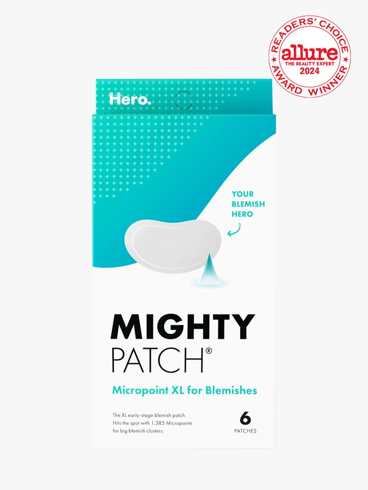 Hero Cosmetics Micropoint for Blemishes XL turquoise and white box of XL pimple patches on light gray background with...