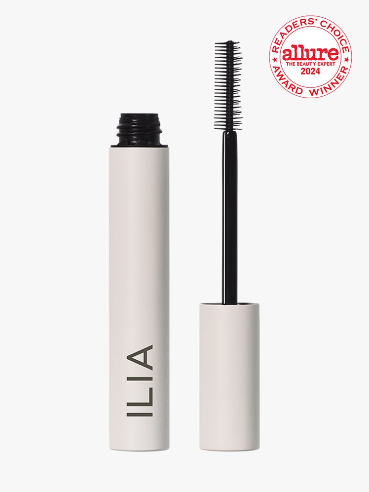 Ilia Limitless Lash Mascara beige tube of mascara on light gray background with white and red Allure Readers' Choice Award seal in the top right corner