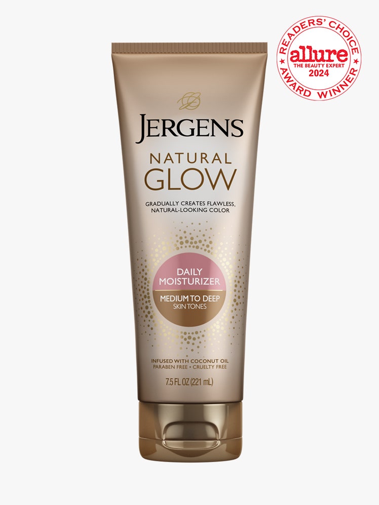 Jergens Natural Glow Daily Moisturizer bronze tube on light gray background with white and red Allure Readers' Choice Award seal in the top right corner