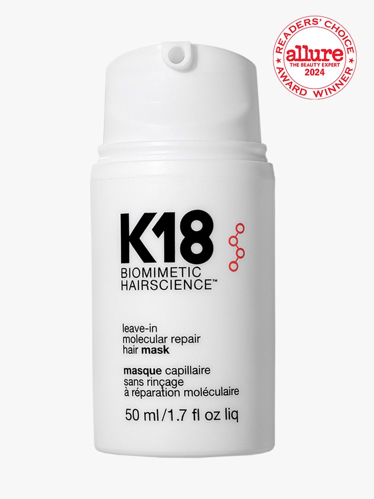 K18 LeaveIn Molecular Repair Hair Mask squat white bottle on light gray background with white and red Allure Readers'...