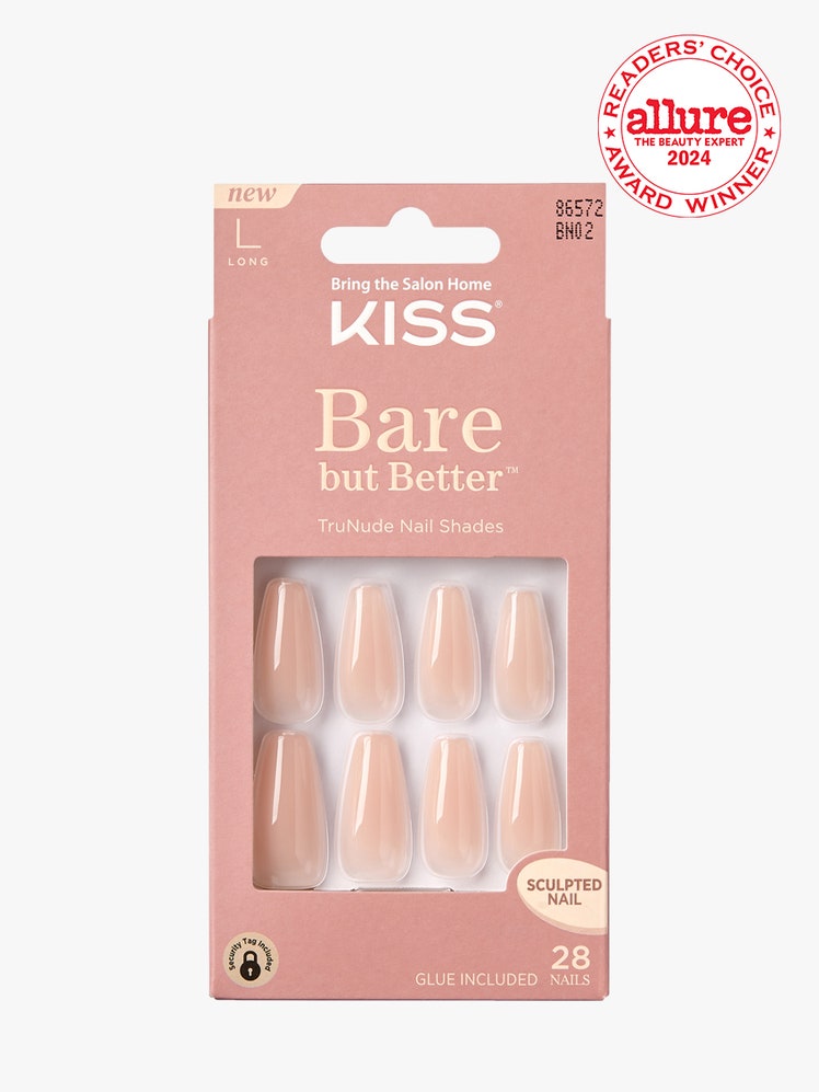 Kiss PressOns pink box of nude pink press on nails on light gray background with white and red Allure Readers' Choice...