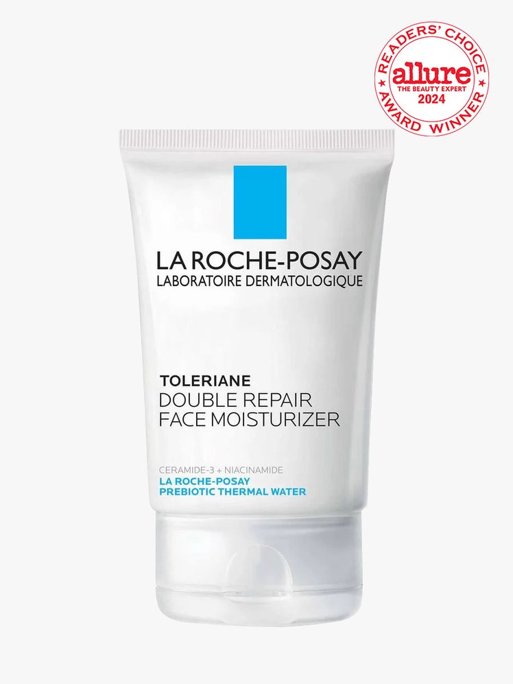 La Roche-Posay Toleriane Double Repair Face Moisturizer flat white tube of moisturizer on light gray background with white and red Allure Best of Beauty seal in the top right corner