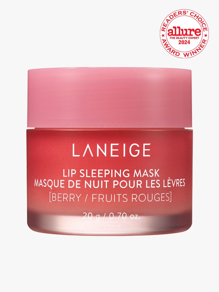 Laneige Lip Sleeping Mask pink jar on light gray background with white and red Allure Readers' Choice Award seal in the...