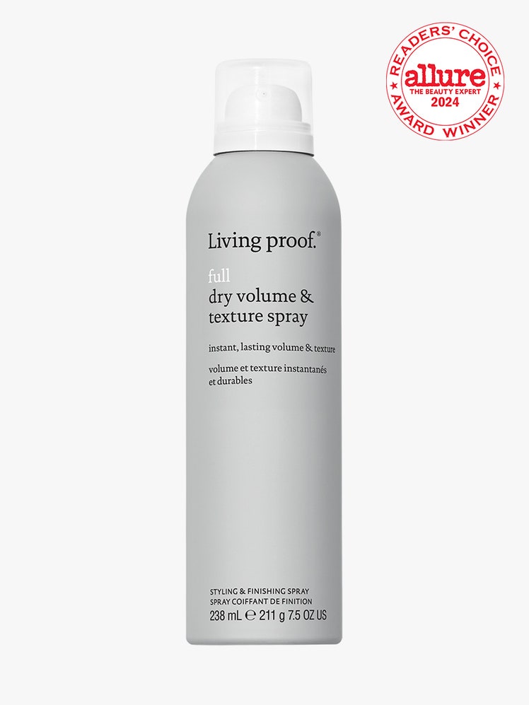 Living Proof Full Dry Volume & Texture Spray gray spray canister on light gray background with white and red Allure Readers' Choice Award seal in the top right corner