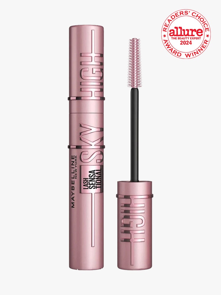 Maybelline New York Lash Sensational Sky High Mascara pink tube of mascara on light gray background with white and red...