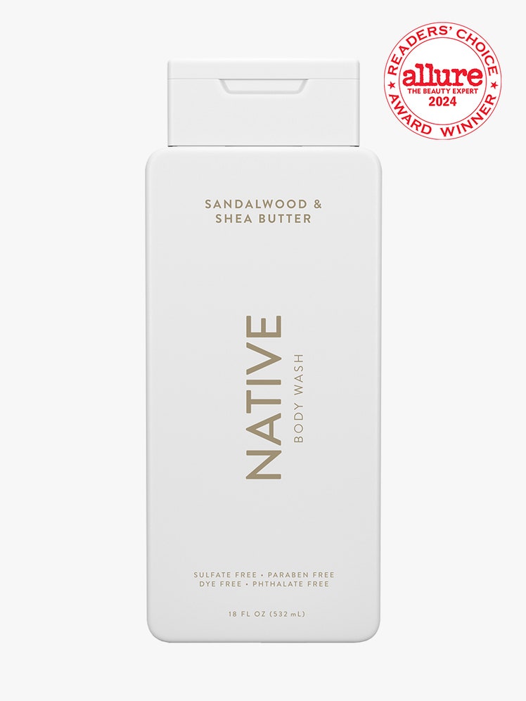 Native Body Wash white rectangle bottle on light gray background with white and red Allure Readers' Choice Awards seal...