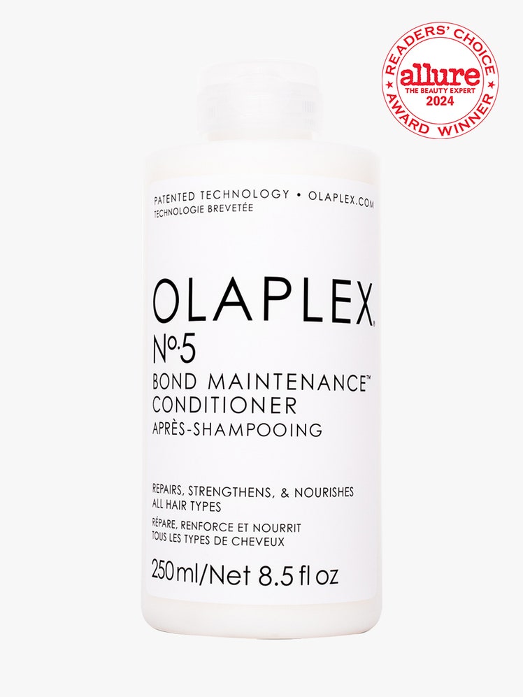 Olaplex No. 5 Bond Maintenance Conditioner white bottle on light gray background with white and red Allure Readers' Choice Award seal in the top right corner