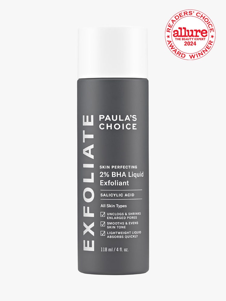 Paula's Choice Skin Perfecting 2% BHA Liquid Exfoliant gray bottle with white cap on light gray background with red and white Allure Best of Beauty seal in the top right corner