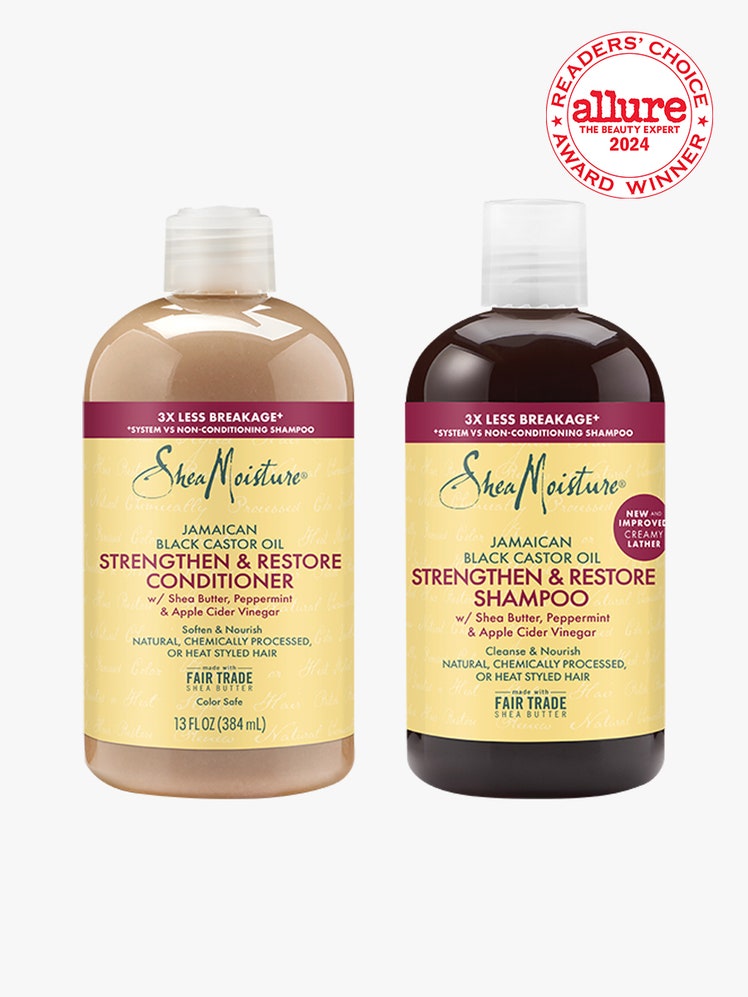 SheaMoisture Jamaican Black Castor Oil Strengthen & Restore Shampoo & Conditioner one light brown and one dark brown bottle of shampoo and conditioner with yellow label on light gray background with white and red Allure Readers' Choice Award seal in the top right corner