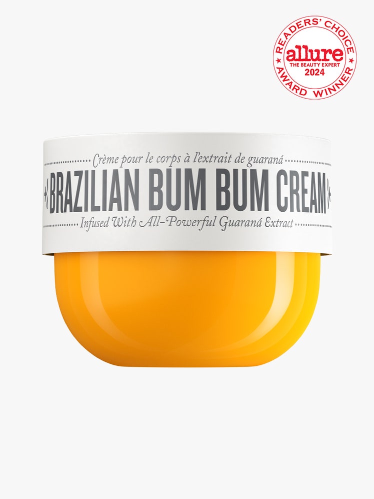 Sol de Janeiro Brazilian Bum Bum Cream orange jar with white lid on light gray background with white and red Allure Readers' Choice Award seal in the top right corner