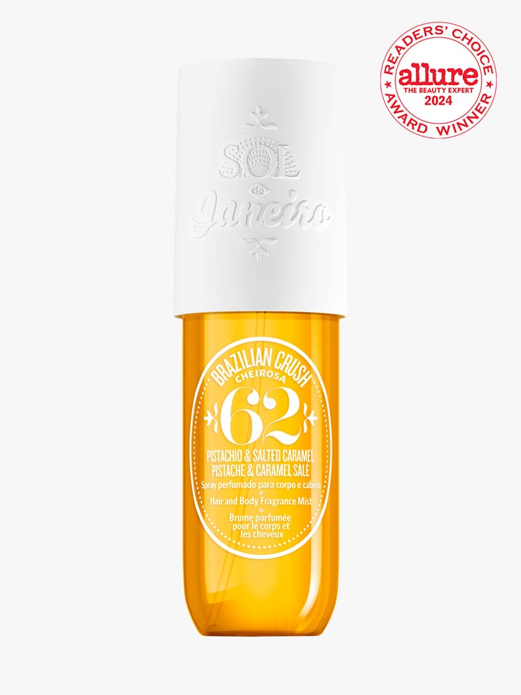 Sol de Janeiro Cheirosa 62 Perfume Mist orange bottle of perfume mist with white cap on light gray background with white and red Allure Readers' Choice Award in the top right corner