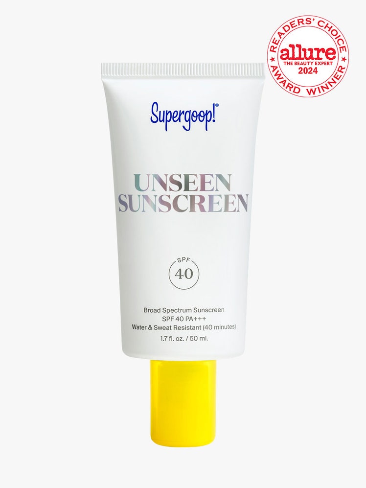 Supergoop Unseen Sunscreen SPF 40 white tube with yellow cap on light gray background with white and red Allure Best of Beauty seal in the top right corner