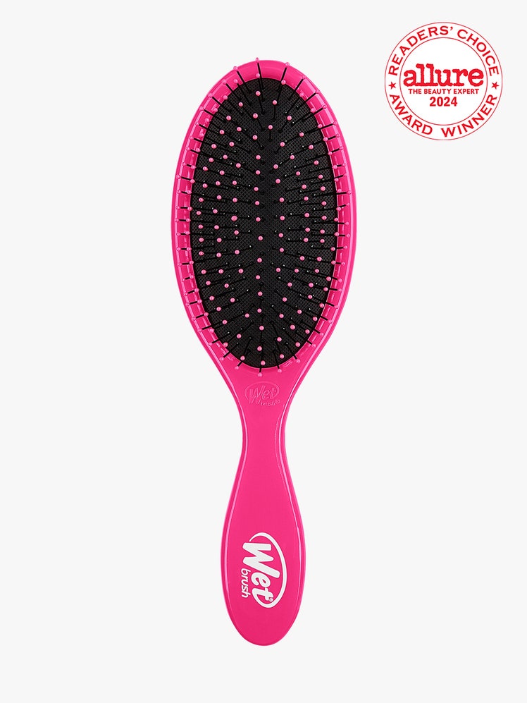 Wet Brush Original Detangler hot pink and black hair brush on light gray background with white and red Allure Readers' Choice Award seal in the top right corner