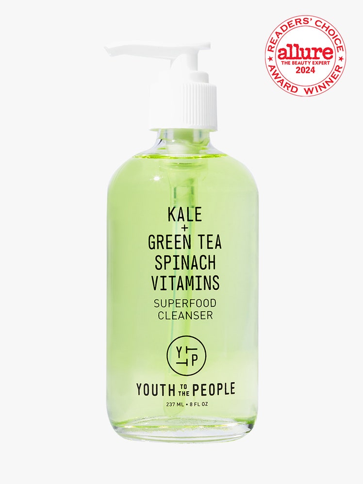 Youth to the People Superfood Antioxidant Cleanser bottle of green facial cleanser with white pump on light gray background with red and white Allure Readers' Choice Award seal in the top right corner