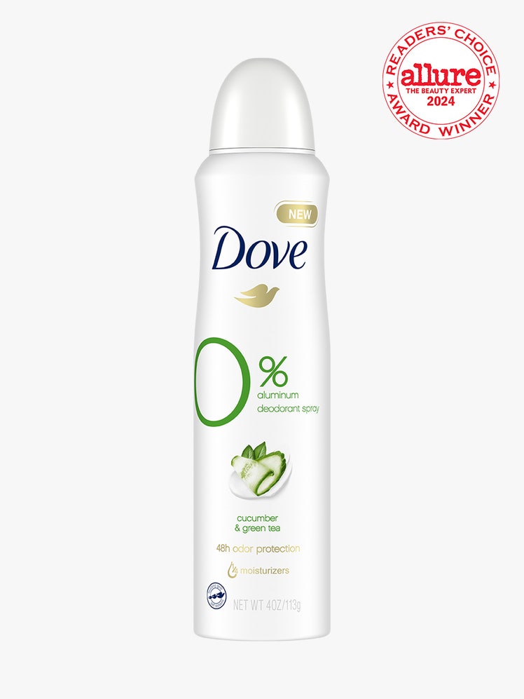 Dove 0% Aluminum Deodorant white spray canister of deodorant on light gray background with white and red Allure Readers' Choice Award seal in the top right corner