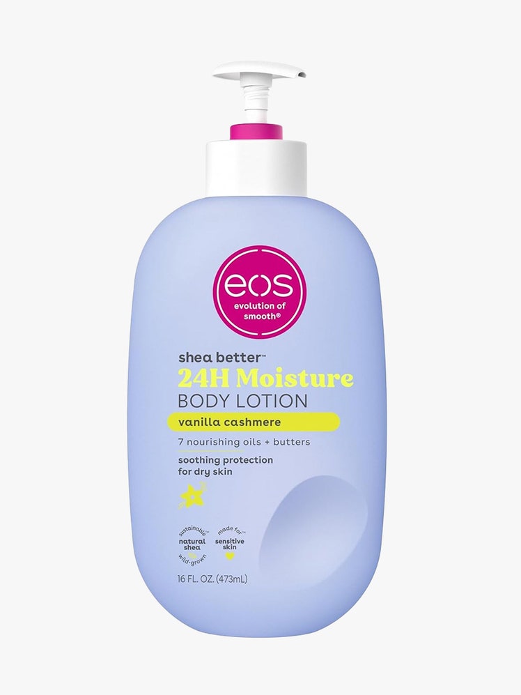 Eos Shea Better Body Lotion oval shaped periwinkle bottle of body lotion with white pump cap on light gray background