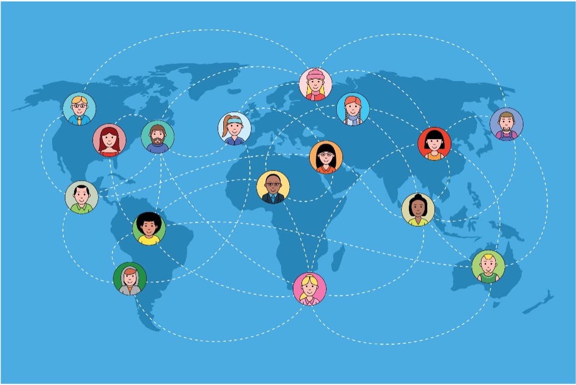 World map with cartoon profile images, linked in a network.