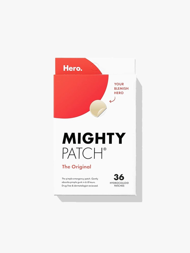 A red and white box of the Hero Cosmetics Mighty Patch Acne Patches on a light gray background