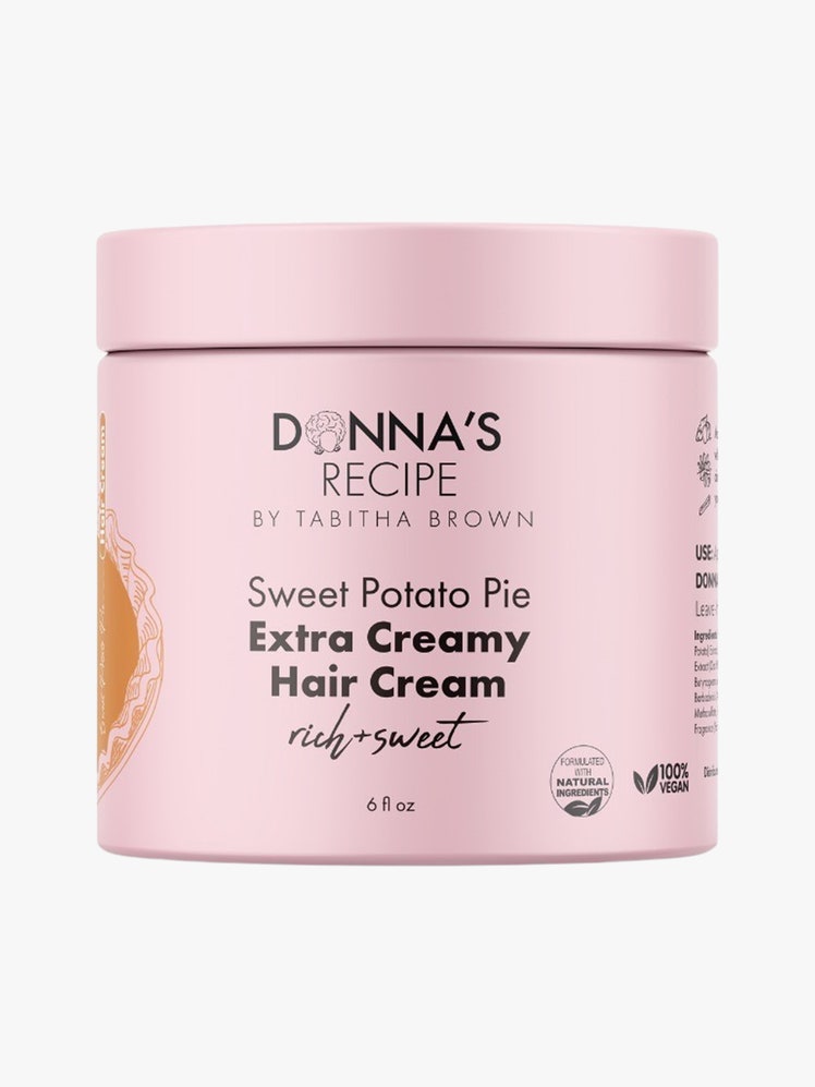 Sweet Potato Hair Cream pink jar on light grey background