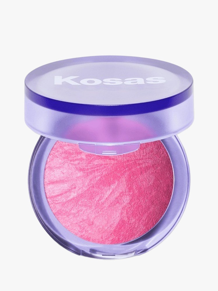 Blush is Life Baked Dimensional  Brightening Blush purple case with pink makeup on light grey background