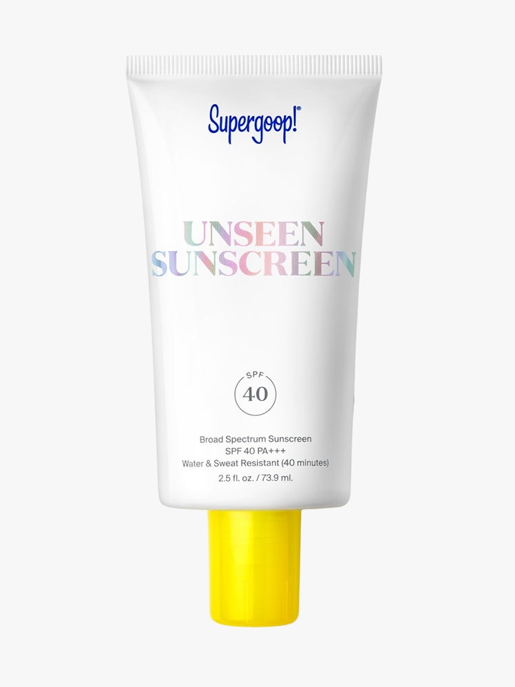 Unseen Sunscreen SPF 40 white tube with yellow cap on light grey background