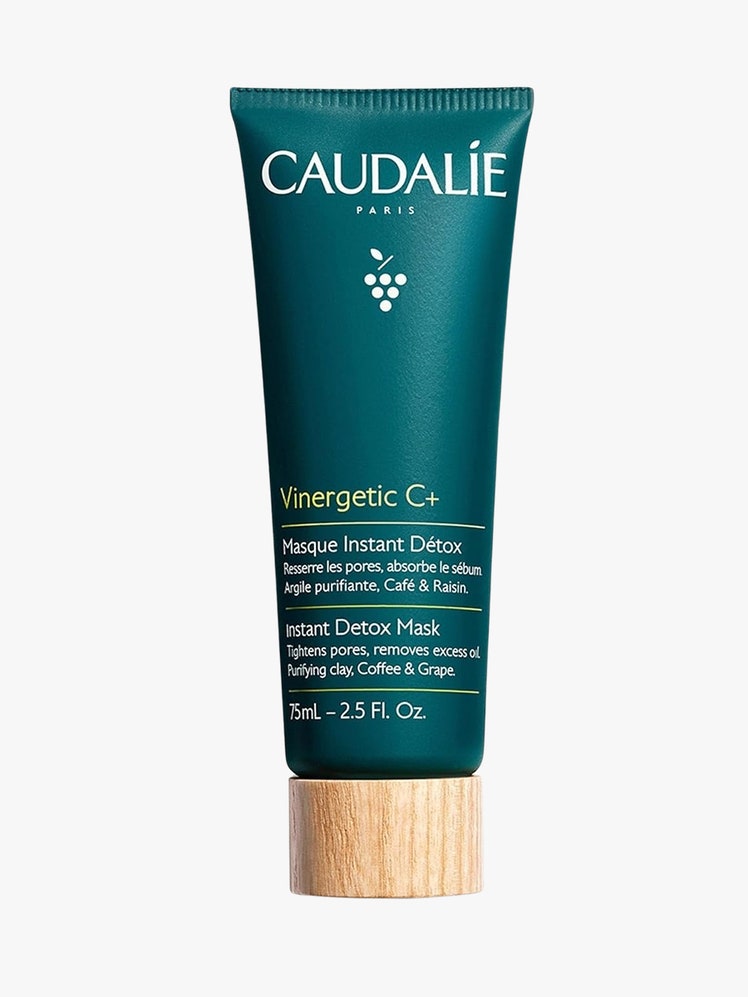 Vinergetic C Instant Detox Clay Mask green tube with wood grain top on light grey background