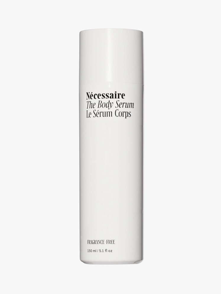 The Body Serum off white bottle on light grey background