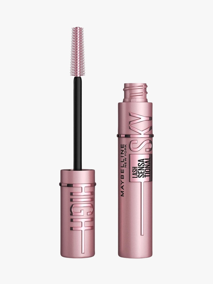 New York Lash Sensational Sky High Washable Mascara pink tube with black and pink mascara wand on light grey background