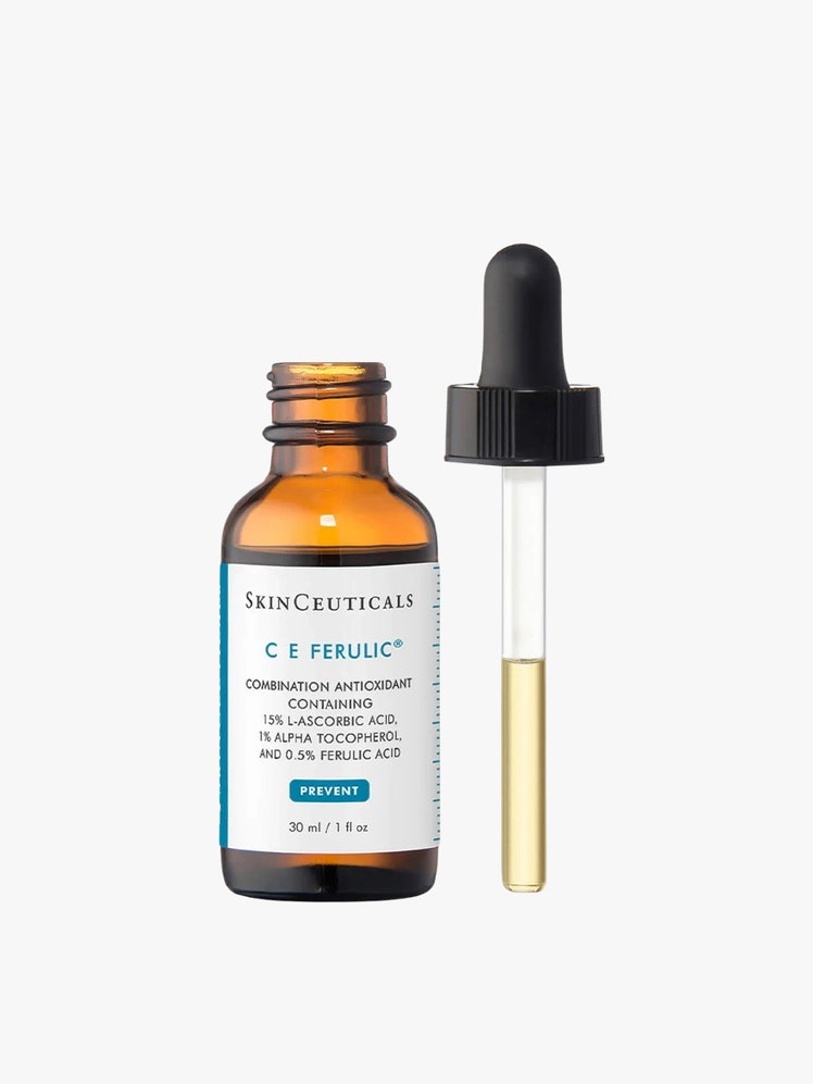 C E Ferulic brown bottle with black dropper cap on light grey background