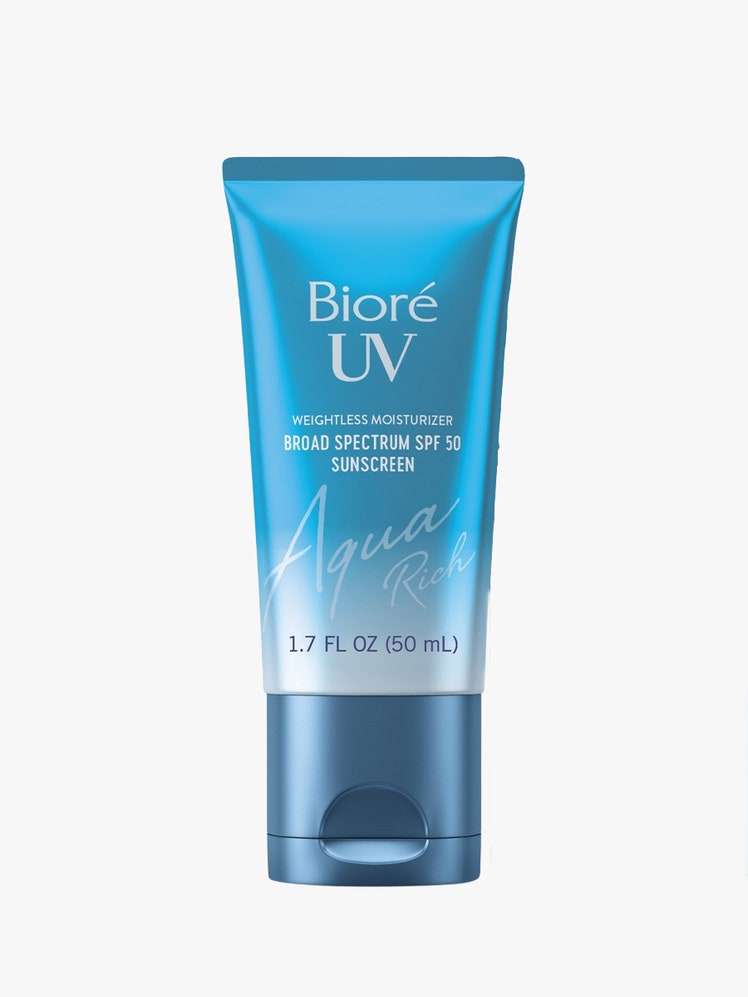 Bior UV Aqua Rich SPF 50 PA blue tube on light grey background