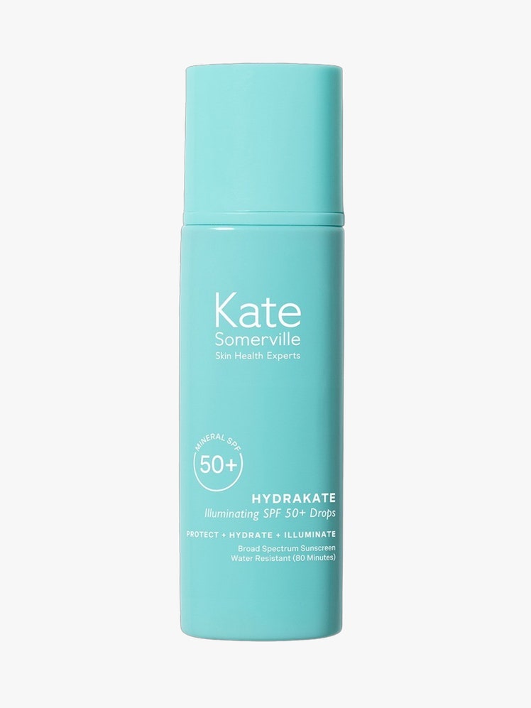 Hydrakate Illuminating SPF 50 Drops blue bottle on light grey bakground