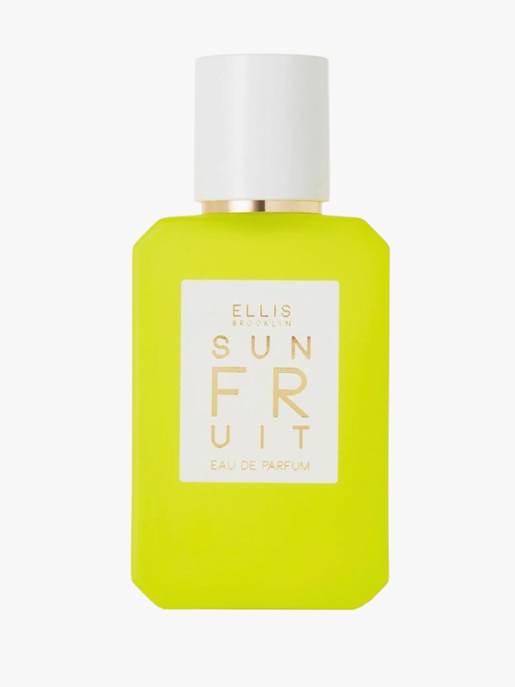 Sun Fruit yellowgreen bottle with white label and top on light grey background