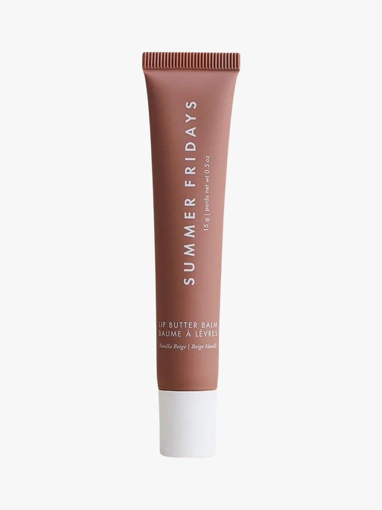 Lip Butter Balm brown tube with white cap on light grey background