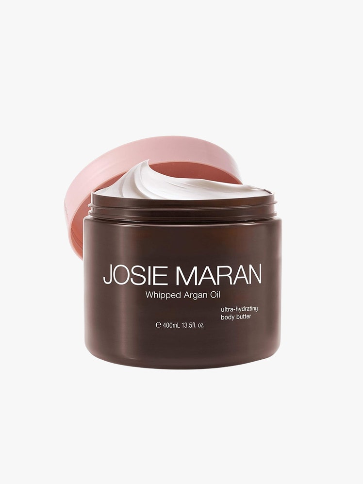 Whipped Argan Oil Body Butter brown jar with pink lid on light grey background