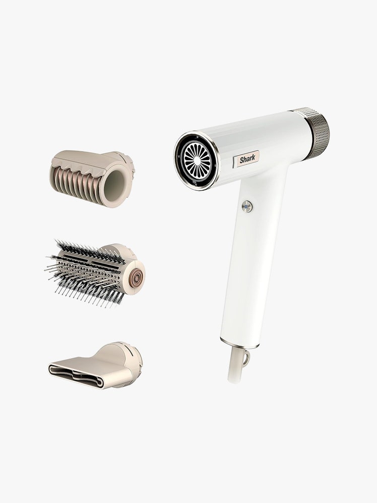 SpeedStyle RapidGloss Finisher and HighVelocity Hair Dryer white hair dryer with attachments on light grey backgound