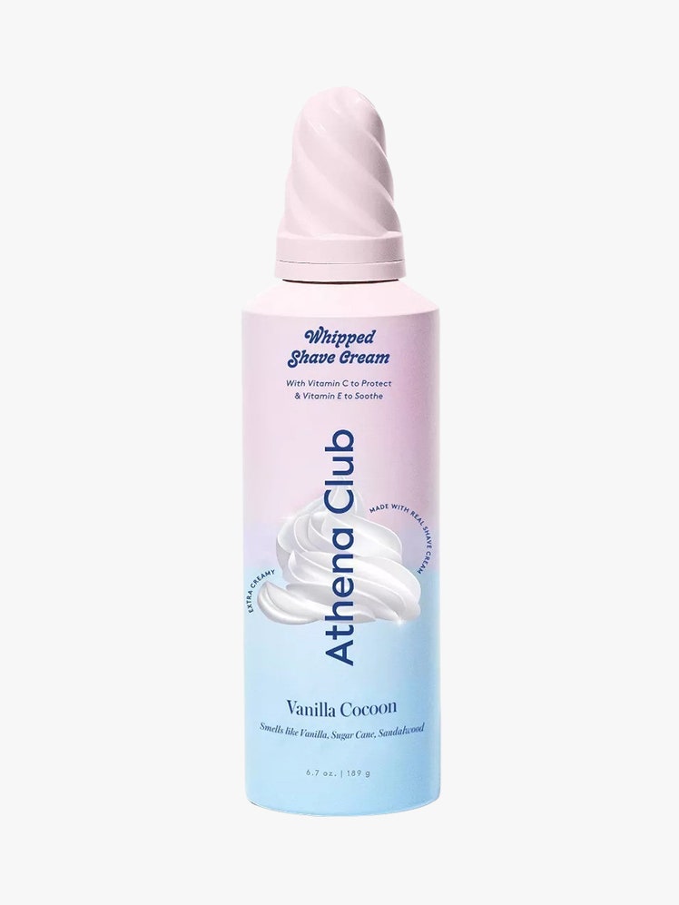 Whipped Shave Cream  6.7oz pink and blue bottle on light grey backgorund