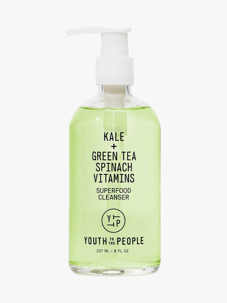 Superfood Cleanser green liquid in clear bottle on light grey background