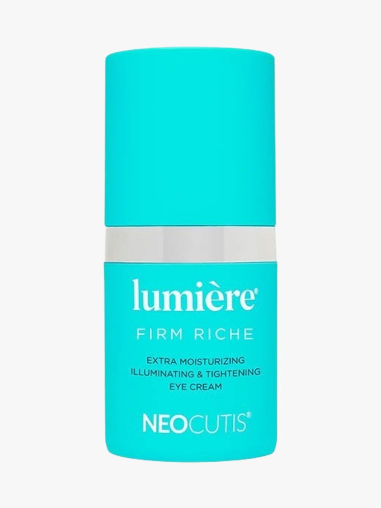 Lumiere Eye cream aqua blue bottle on light grey background