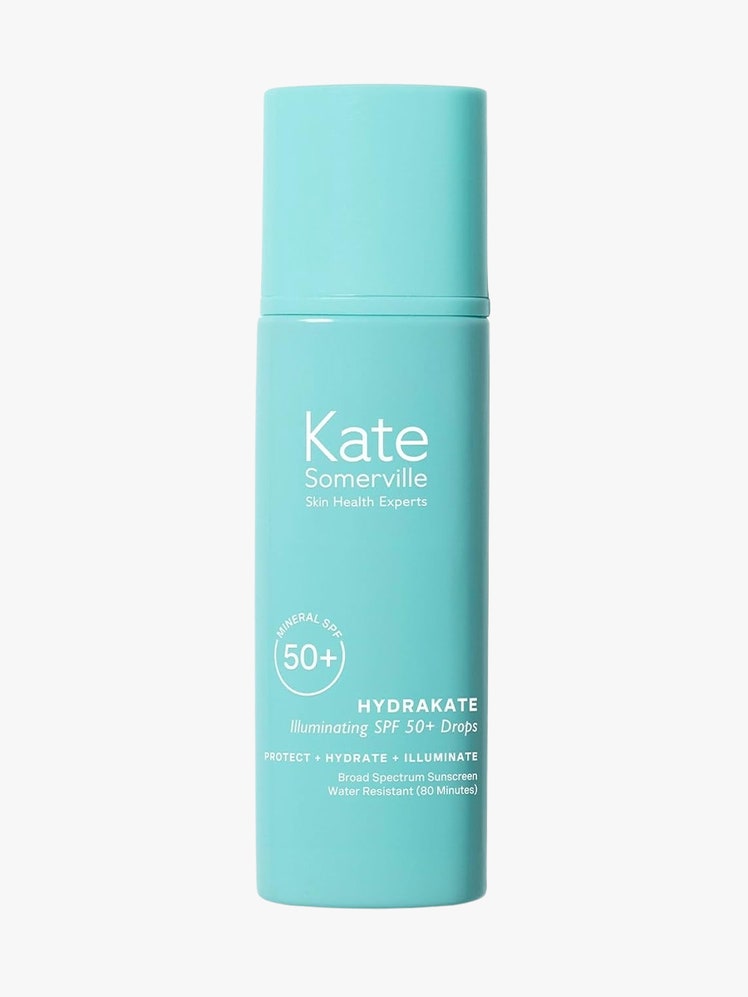 HydraKate Sunscreen Drops blue bottle on light grey background