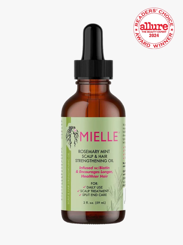 Mielle Organics Rosemary Mint Scalp  Hair Strengthening Oil brown serum bottle with green label and black dropper cap on...